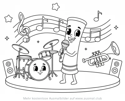 Flöte Ausmalbild mit Orchester Instrumenten auf Bühne