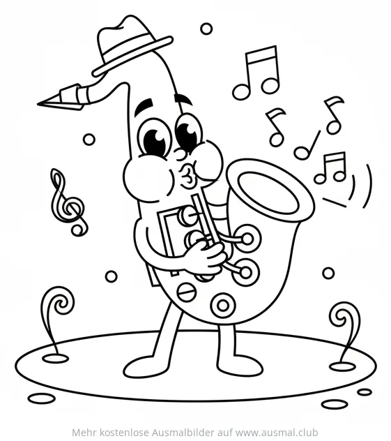 Cartoon Saxophon mit Hut spielt Jazz Musik Ausmalbild