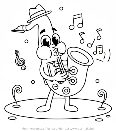 Cartoon Saxophon mit Hut spielt Jazz Musik Ausmalbild