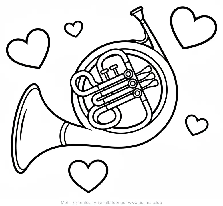 Waldhorn umgeben von Herzen Ausmalbild