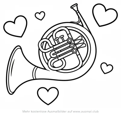 Waldhorn umgeben von Herzen Ausmalbild