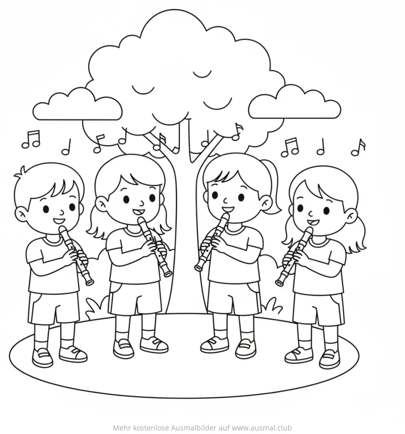 Vier Kinder spielen Blockflöte unter einem Baum, Ausmalbild