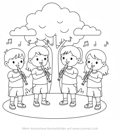 Vier Kinder spielen Blockflöte unter einem Baum, Ausmalbild