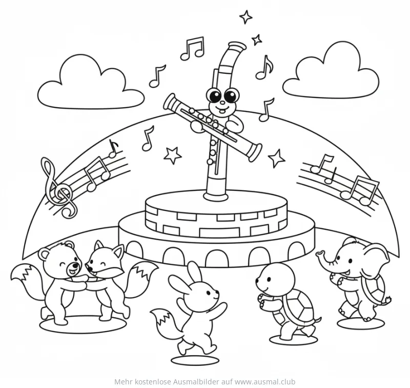 Tanzende Tiere vor Flöte Ausmalbild