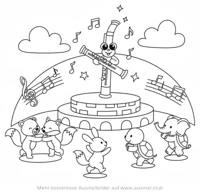 Tanzende Tiere vor Flöte Ausmalbild