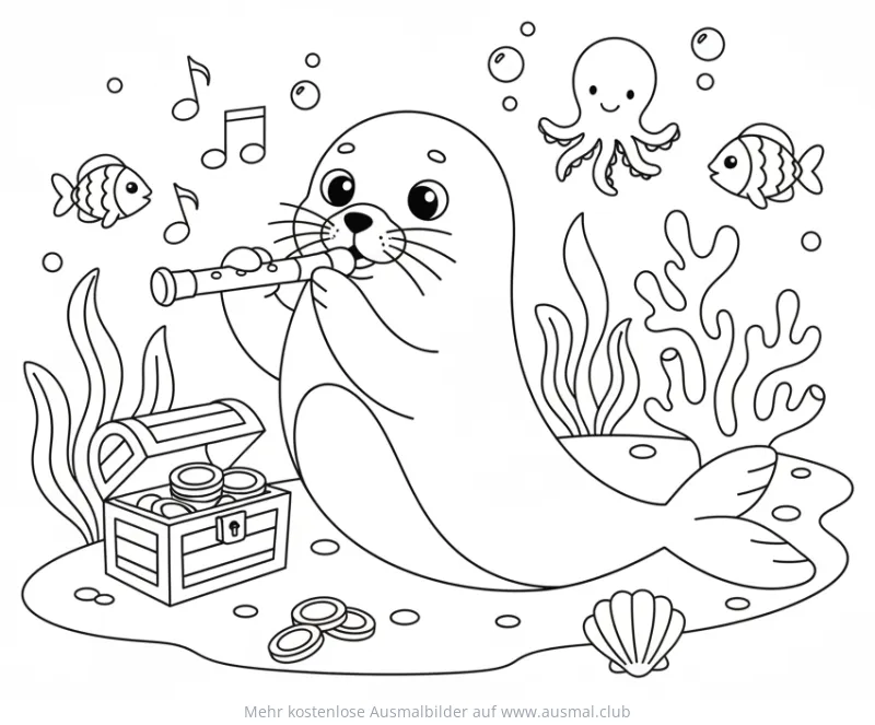 Robbe spielt Blockflöte unter Wasser mit Schatztruhe Ausmalbild