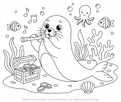 Robbe spielt Blockflöte unter Wasser mit Schatztruhe Ausmalbild