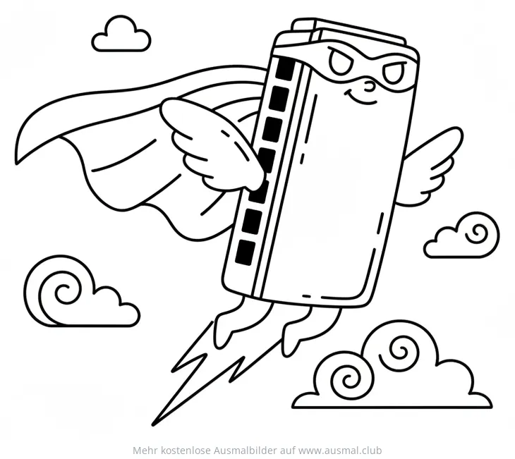 Mundharmonika Superheld fliegt durch Wolken Ausmalbild
