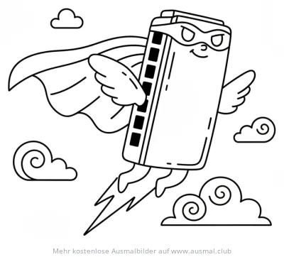 Mundharmonika Superheld fliegt durch Wolken Ausmalbild