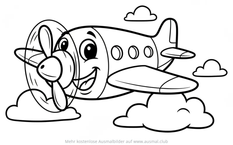 Freundliches Cartoon Flugzeug Ausmalbild mit Wolken