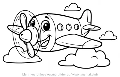 Freundliches Cartoon Flugzeug Ausmalbild mit Wolken