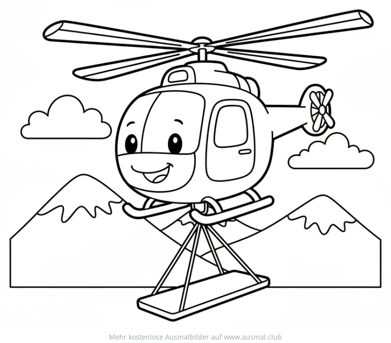 Freundlicher Rettungshubschrauber Ausmalbild über Berglandschaft