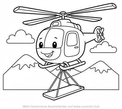 Freundlicher Rettungshubschrauber Ausmalbild über Berglandschaft