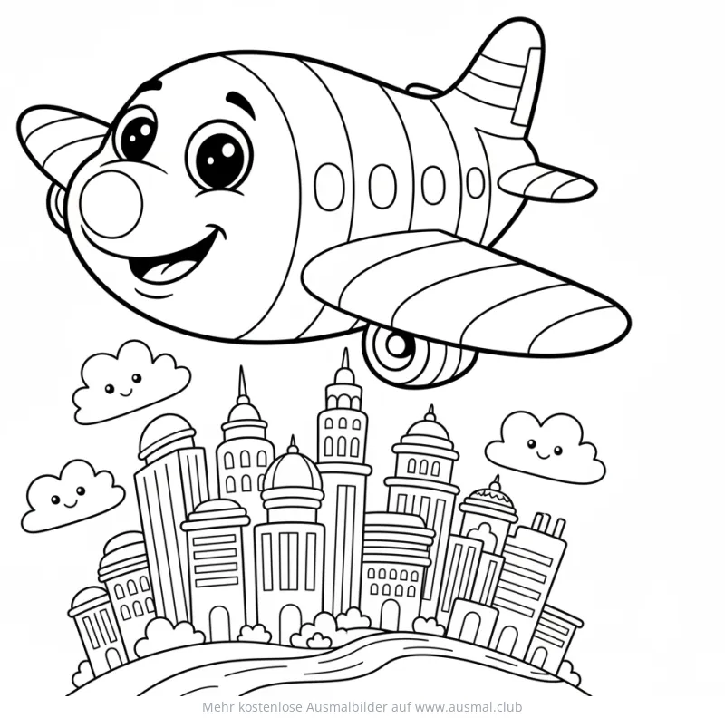 Passagierflugzeug Ausmalbild über einer Stadt