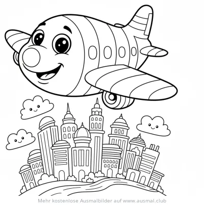 Passagierflugzeug Ausmalbild über einer Stadt