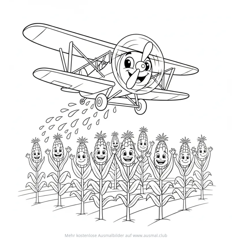 Agrarflugzeug versprüht Flüssigkeit über einem Maisfeld Ausmalbild