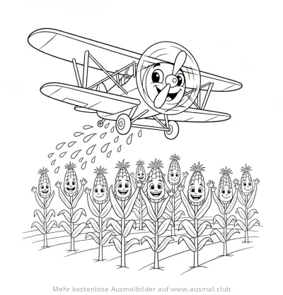 Agrarflugzeug versprüht Flüssigkeit über einem Maisfeld Ausmalbild
