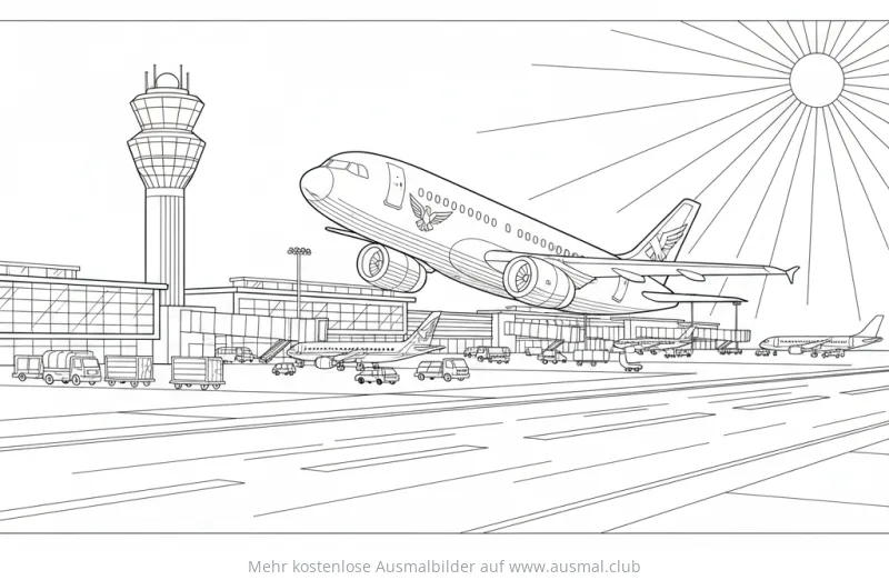 Flugzeug beim Start am Flughafen Ausmalbild