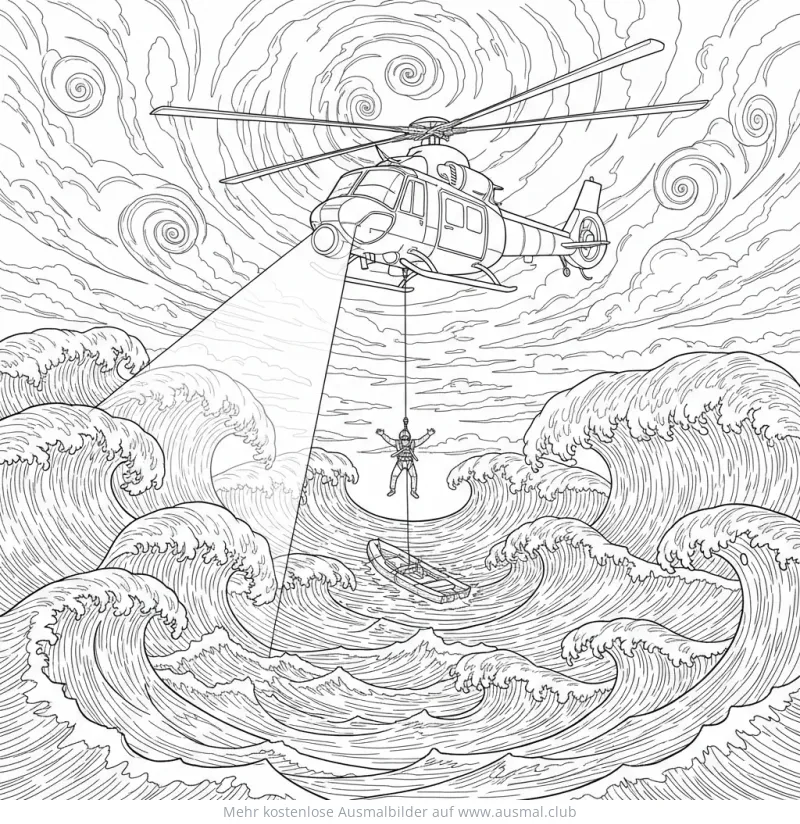 Rettungshubschrauber rettet Person aus dem Meer Ausmalbild
