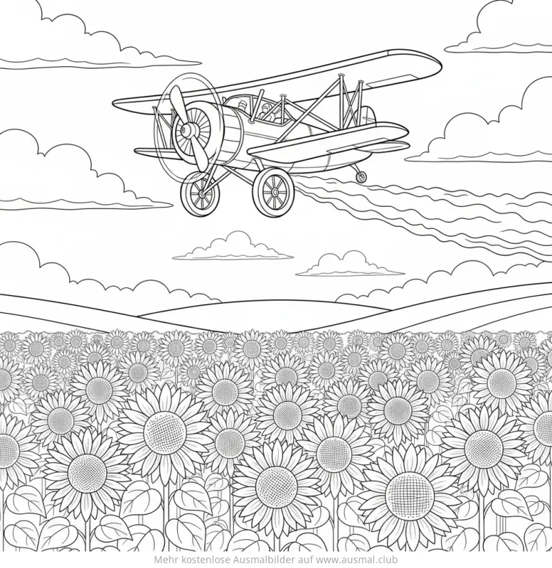 Agrarflugzeug über Sonnenblumenfeld Ausmalbild