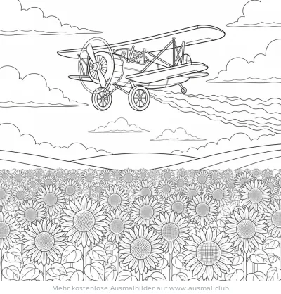 Agrarflugzeug über Sonnenblumenfeld Ausmalbild