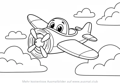 Cartoon Flugzeug fliegt durch Wolken Ausmalbild
