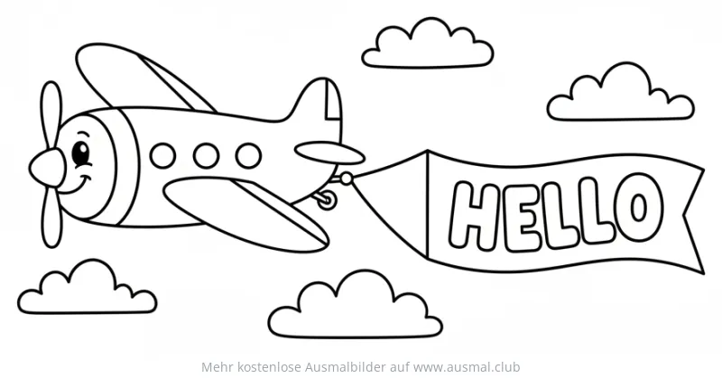 Freundliches Flugzeug mit Banner 'HELLO' Ausmalbild