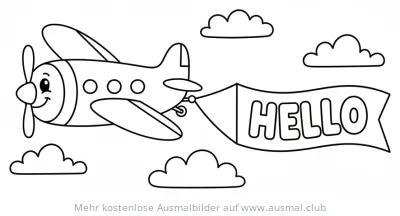 Freundliches Flugzeug mit Banner 'HELLO' Ausmalbild