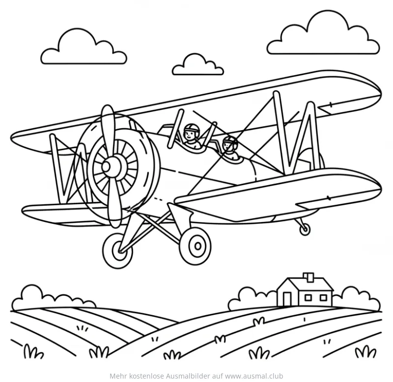 Doppeldecker Ausmalbild mit Piloten über Landschaft