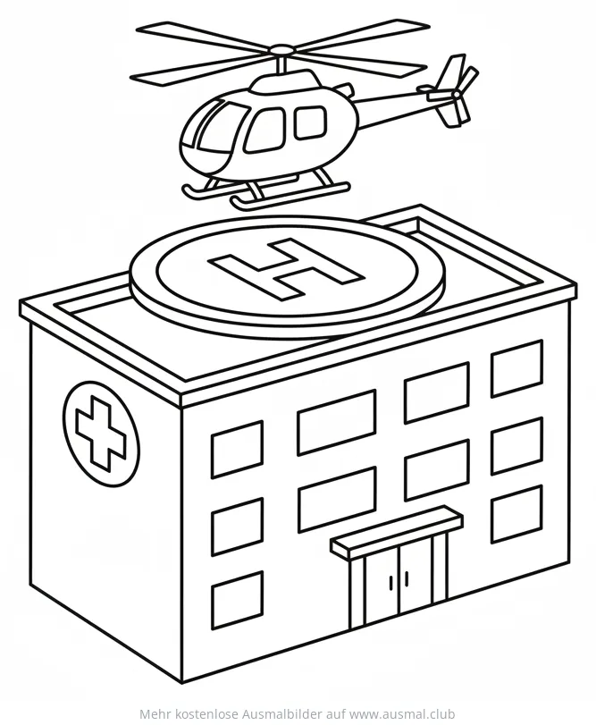 Krankenhaus mit Hubschrauber Landeplatz Ausmalbild