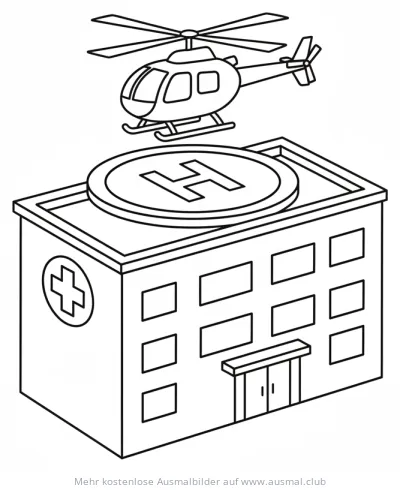 Krankenhaus mit Hubschrauber Landeplatz Ausmalbild