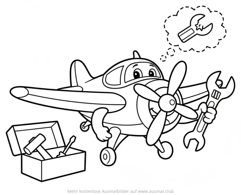 Cartoon Flugzeug mit Schraubenschlüssel und Werkzeugkiste Ausmalbild