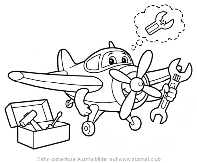 Cartoon Flugzeug mit Schraubenschlüssel und Werkzeugkiste Ausmalbild