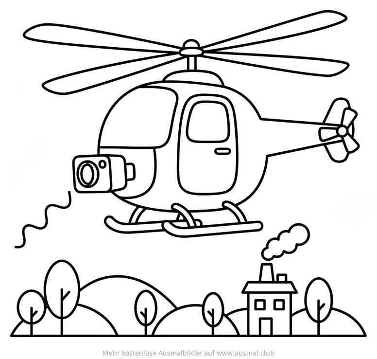 Hubschrauber mit Kamera Ausmalbild über Landschaft