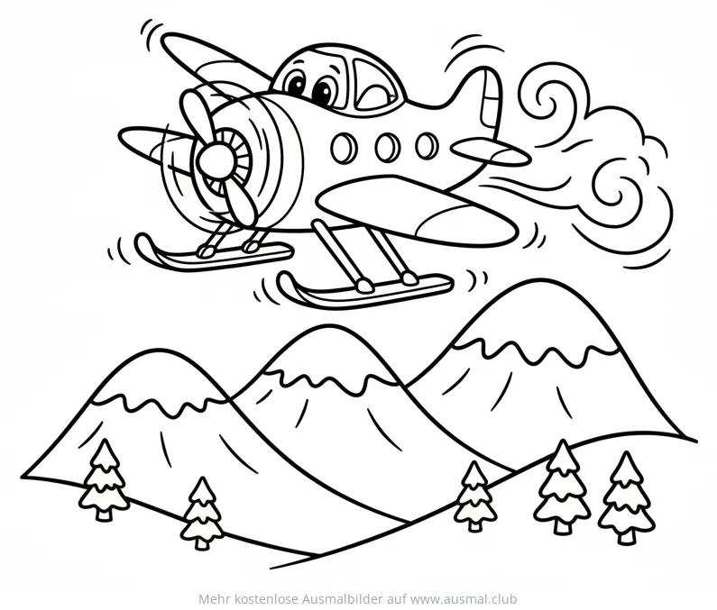 Flugzeug mit Skiern über Bergen Ausmalbild