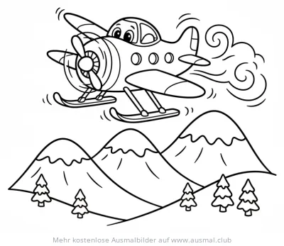 Flugzeug mit Skiern über Bergen Ausmalbild