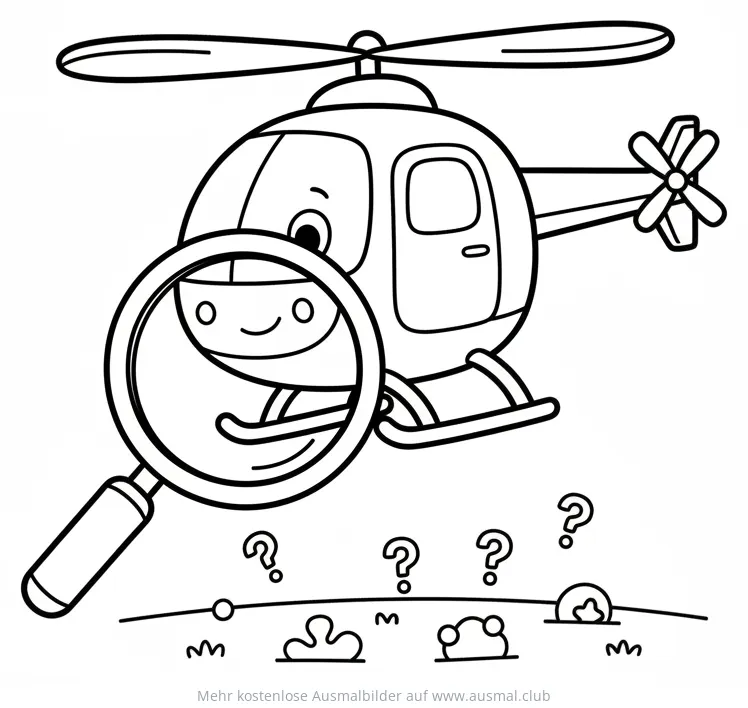 Freundlicher Suchhubschrauber mit Lupe über Fragezeichen Ausmalbild