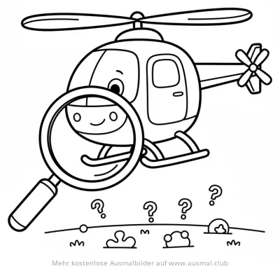 Freundlicher Suchhubschrauber mit Lupe über Fragezeichen Ausmalbild