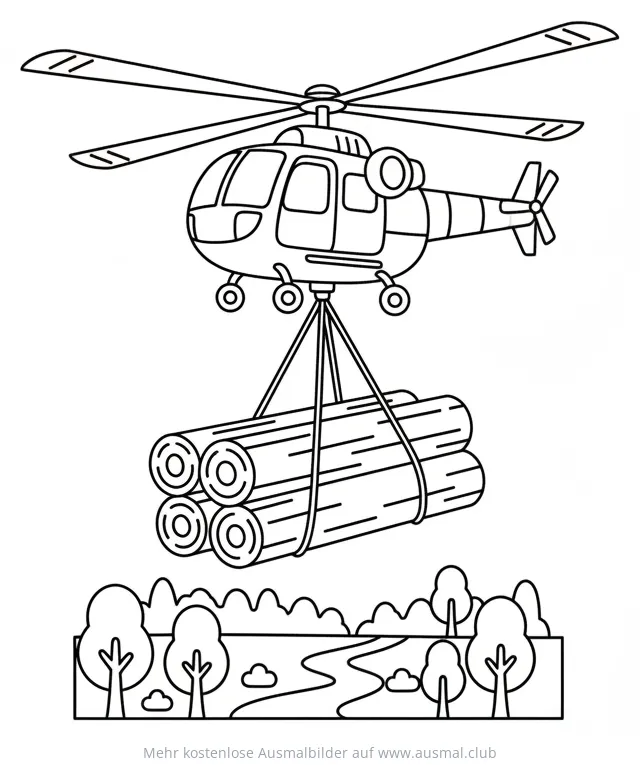 Hubschrauber transportiert Holzstämme Ausmalbild