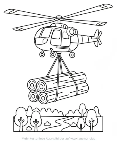 Hubschrauber transportiert Holzstämme Ausmalbild