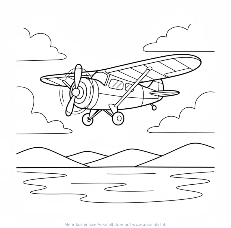 Kleinflugzeug Ausmalbild über Hügeln und See