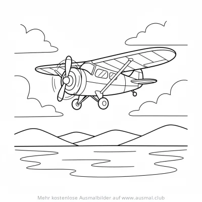 Kleinflugzeug Ausmalbild über Hügeln und See