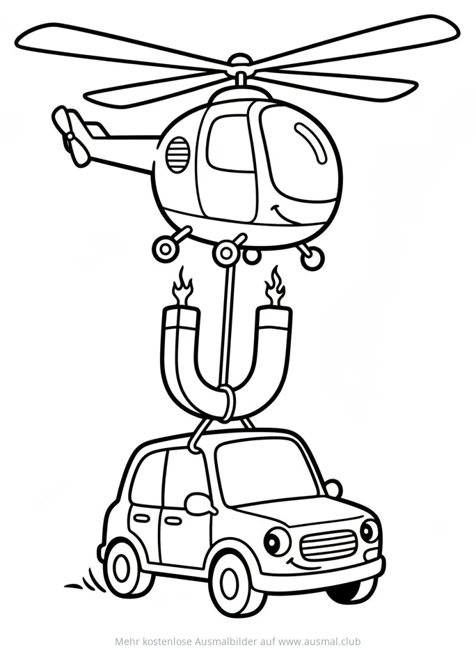 Hubschrauber zieht Auto mit Magnet Ausmalbild