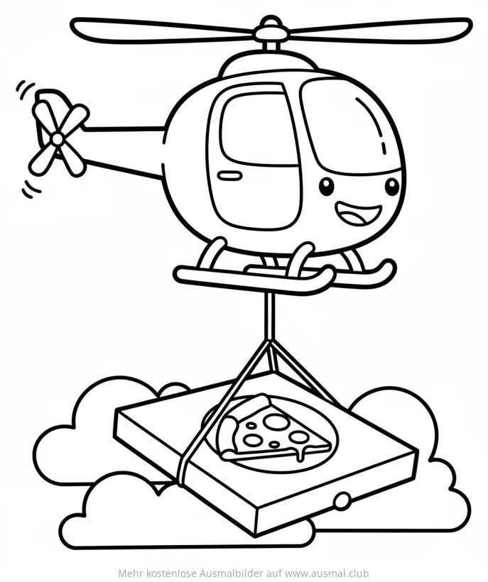 Freundlicher Hubschrauber liefert Pizza Ausmalbild