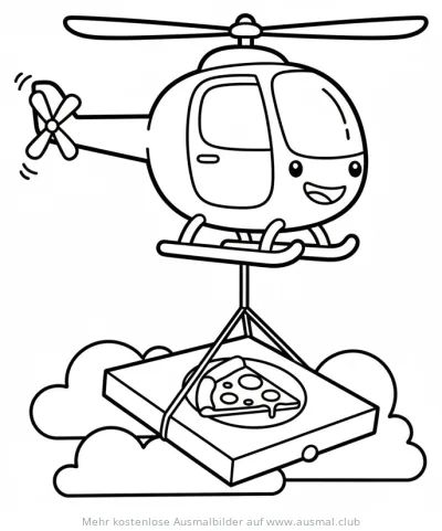 Freundlicher Hubschrauber liefert Pizza Ausmalbild