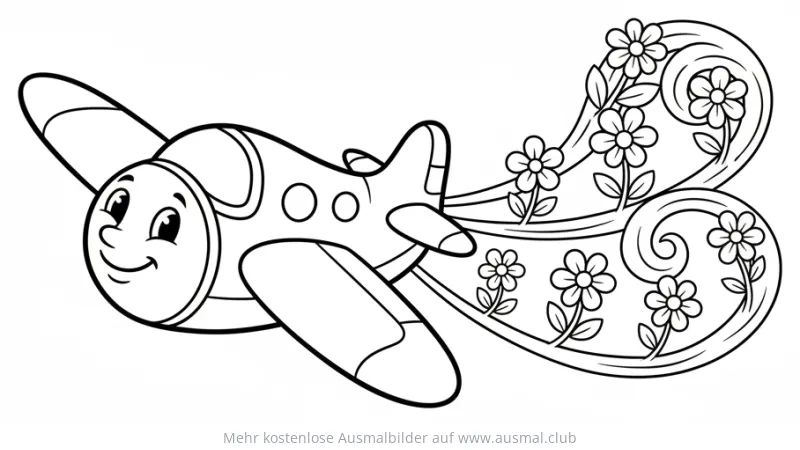 Freundliches Flugzeug mit Blumenspur Ausmalbild