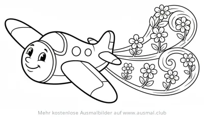 Freundliches Flugzeug mit Blumenspur Ausmalbild
