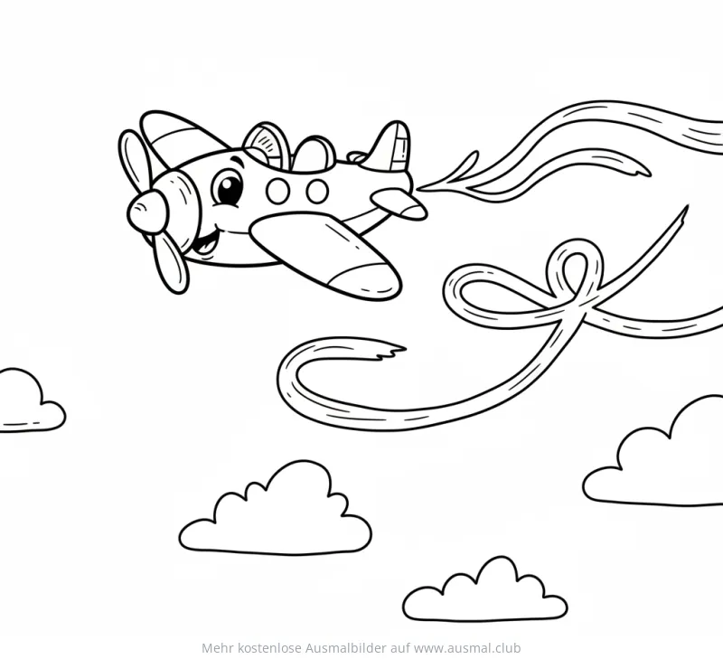 Freundliches Flugzeug mit Gesicht fliegt am Himmel, Ausmalbild