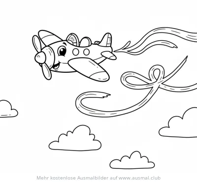 Freundliches Flugzeug mit Gesicht fliegt am Himmel, Ausmalbild