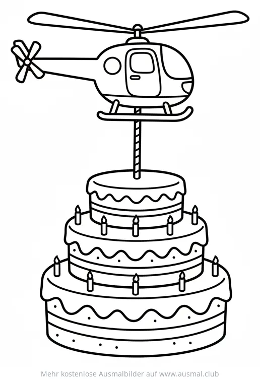 Hubschrauber über Geburtstagstorte Ausmalbild